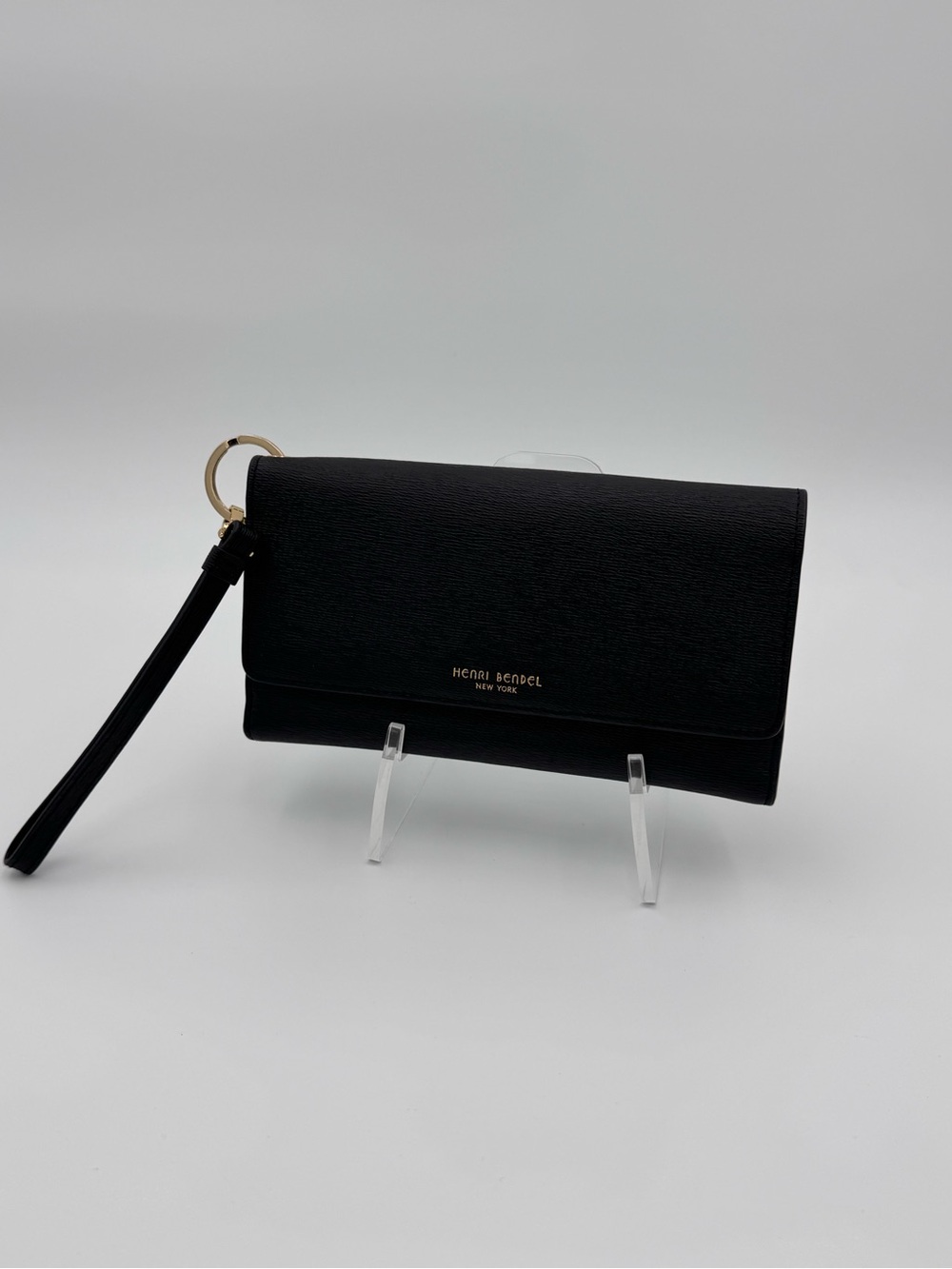 henri bendel Black Leather Wristlet Clutch with Gold Ring